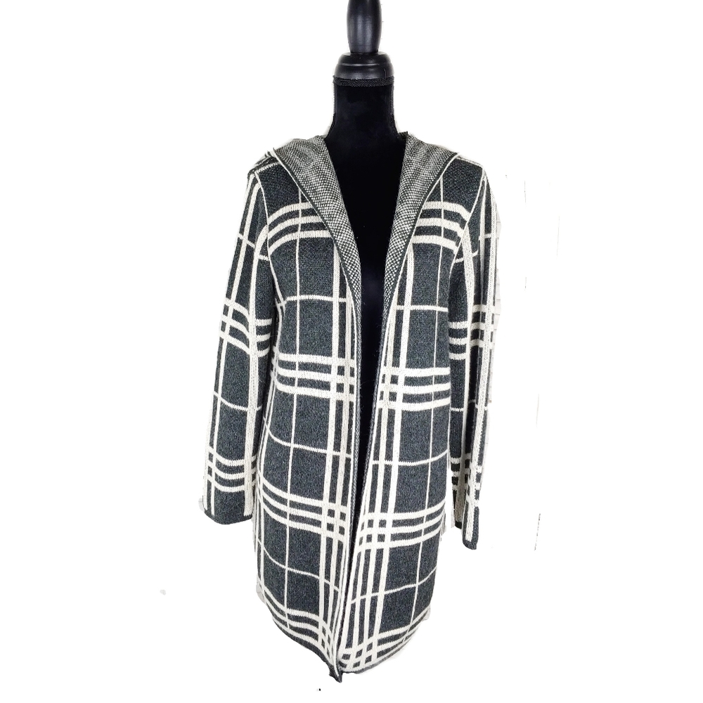 Heathmoor Womens Gray & Cream Glen Plaid Hooded Open Long Cardigan Coat Size S - Picture 4 of 10